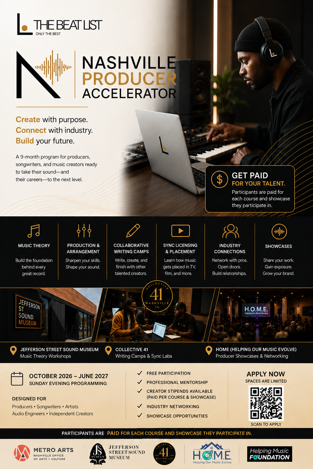 Nashville Producer Accelerator — a nine-month paid program for producers, songwriters, and music creators, presented by The Beat List with Nashville partners